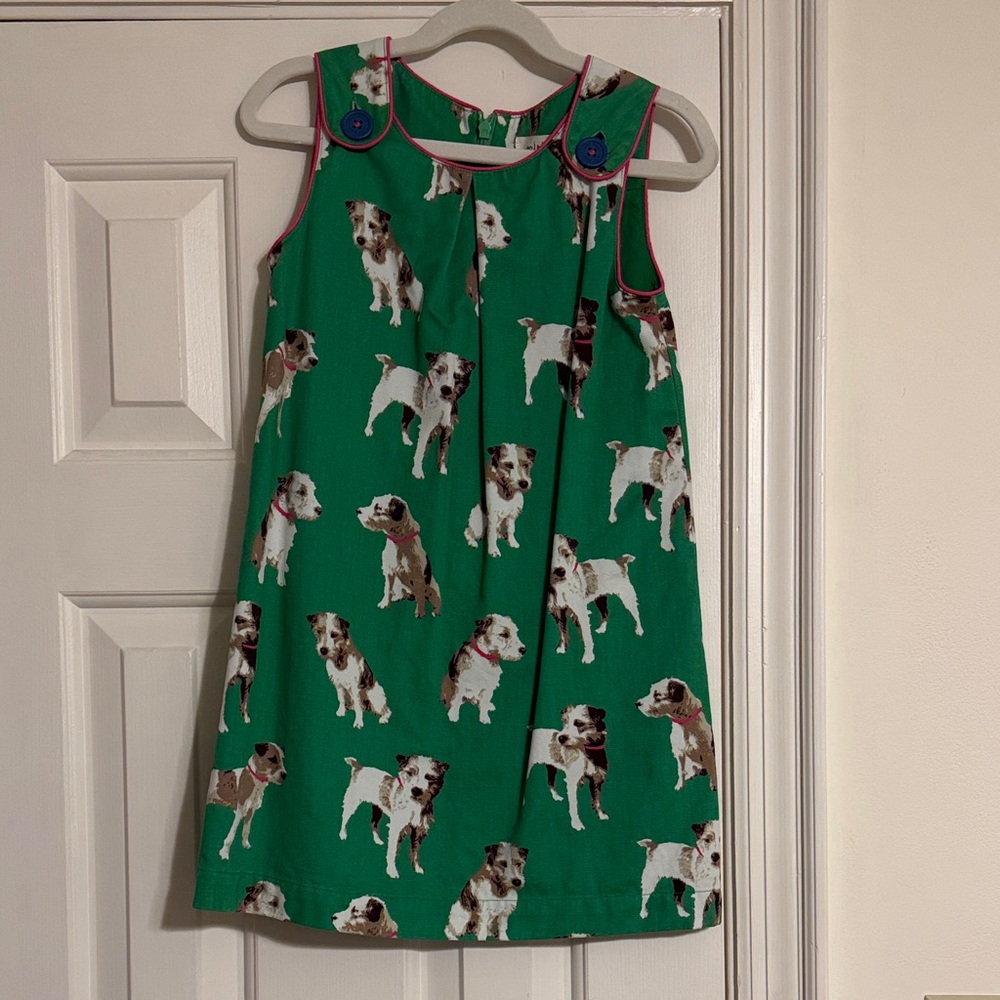 Mini Boden size 5-6 lined Green Dog Print Kids Dress